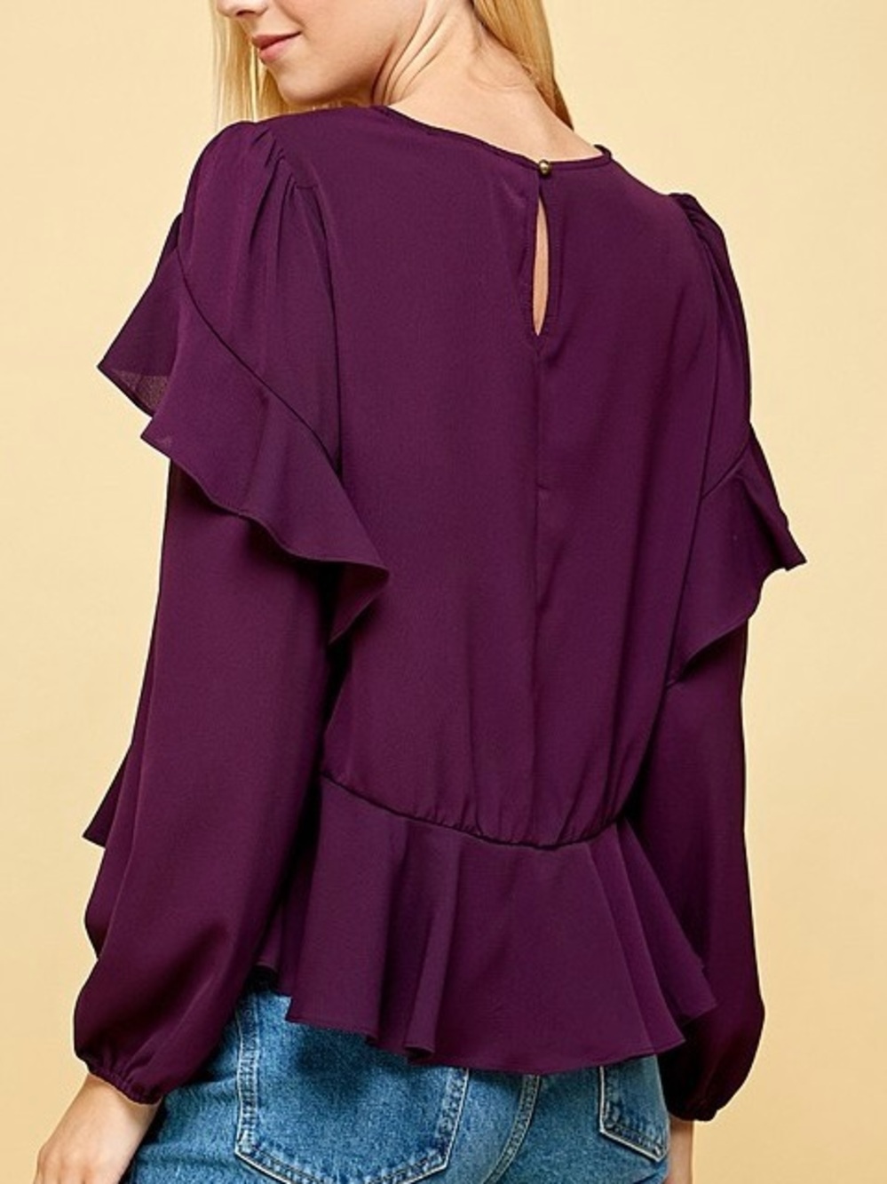 Eggplant Ruffle Detail Peplum Blouse - Picture 4 of 5